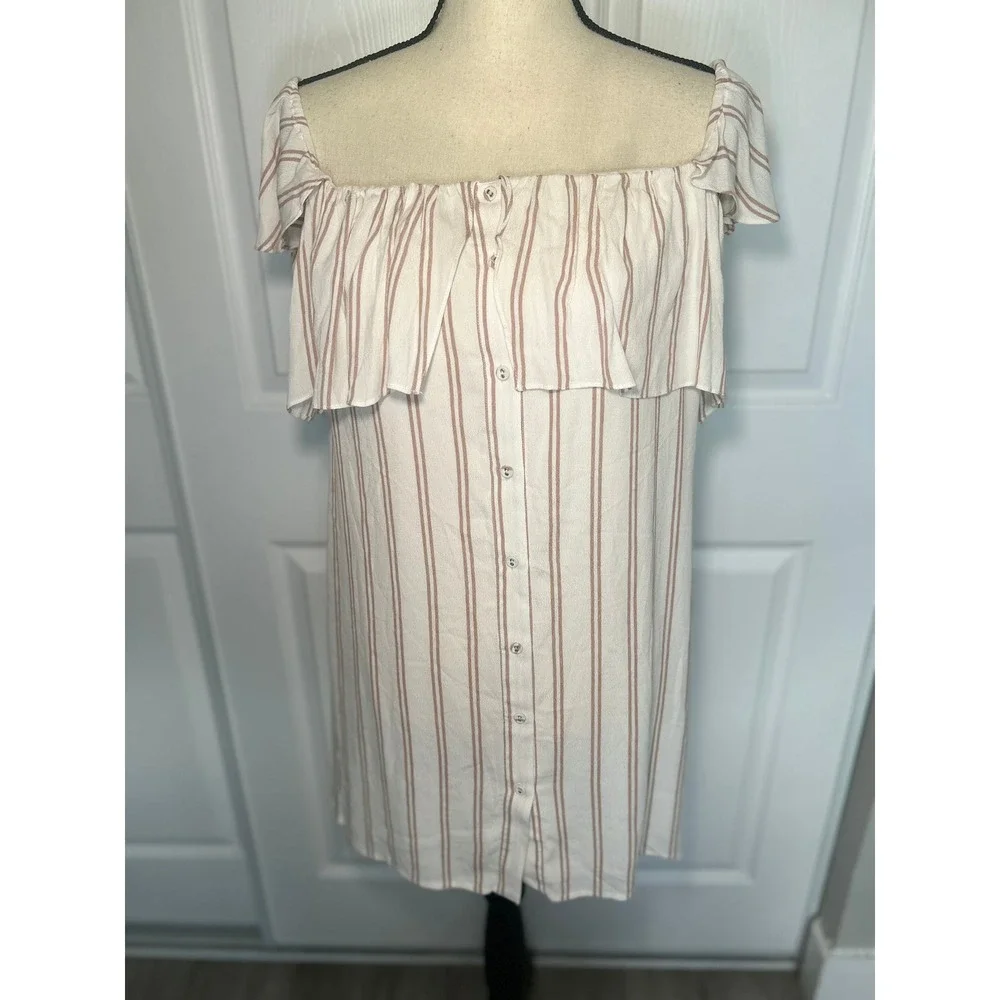 Privacy Please Revolve Norval Dress Off Shoulder Ruffle M Cream Tan Striped Mini